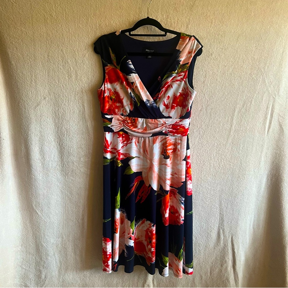 RN Studio Floral Print Midi Dress in Navy and Pink